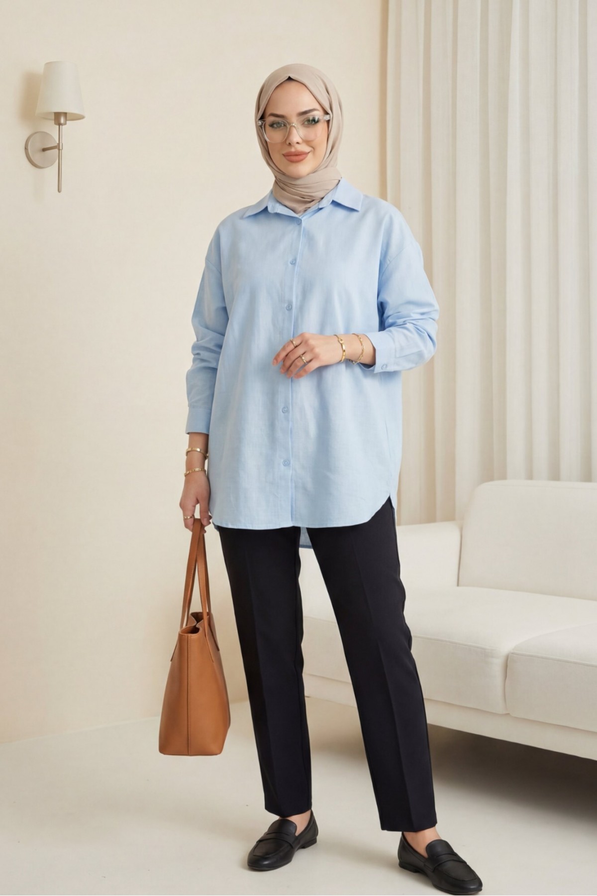 Buttoned Linen Shirt -Baby Blue