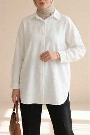 Düğmeli Keten Gömlek  -Beyaz