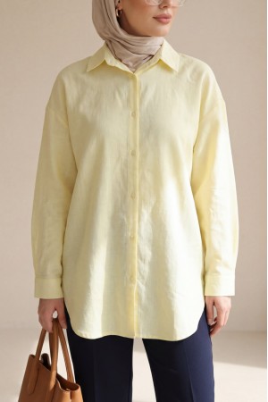 Düğmeli Keten Gömlek  -Sarı