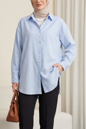 Düğmeli Salaş Viskon Gömlek -Bebe Mavi
