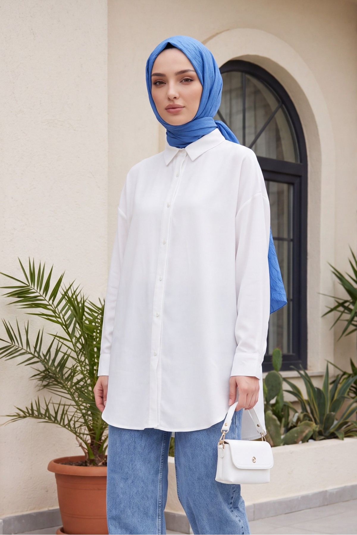 قميص فيسكوز فضفاض بأزرار -أبيض