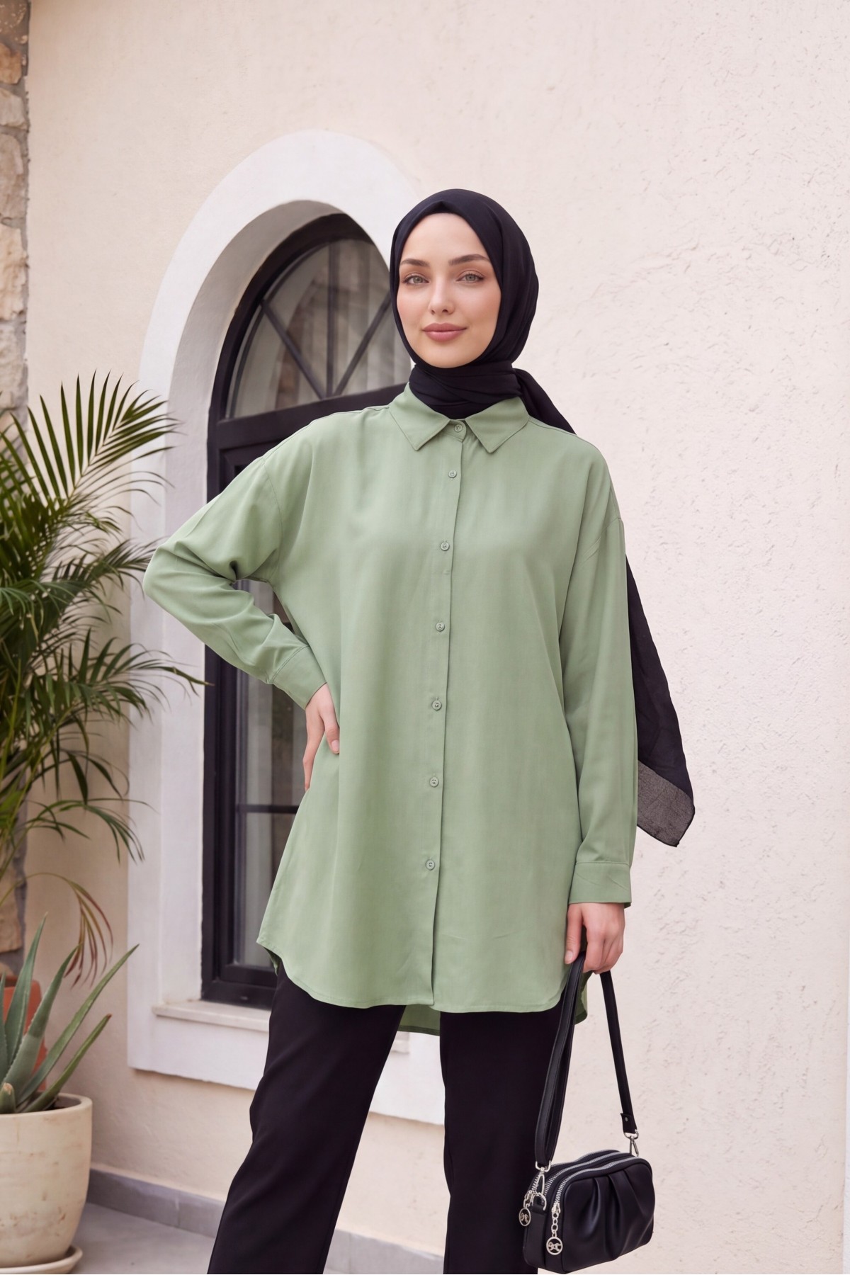 Buttoned Loose Fit Viscose Shirt -Green