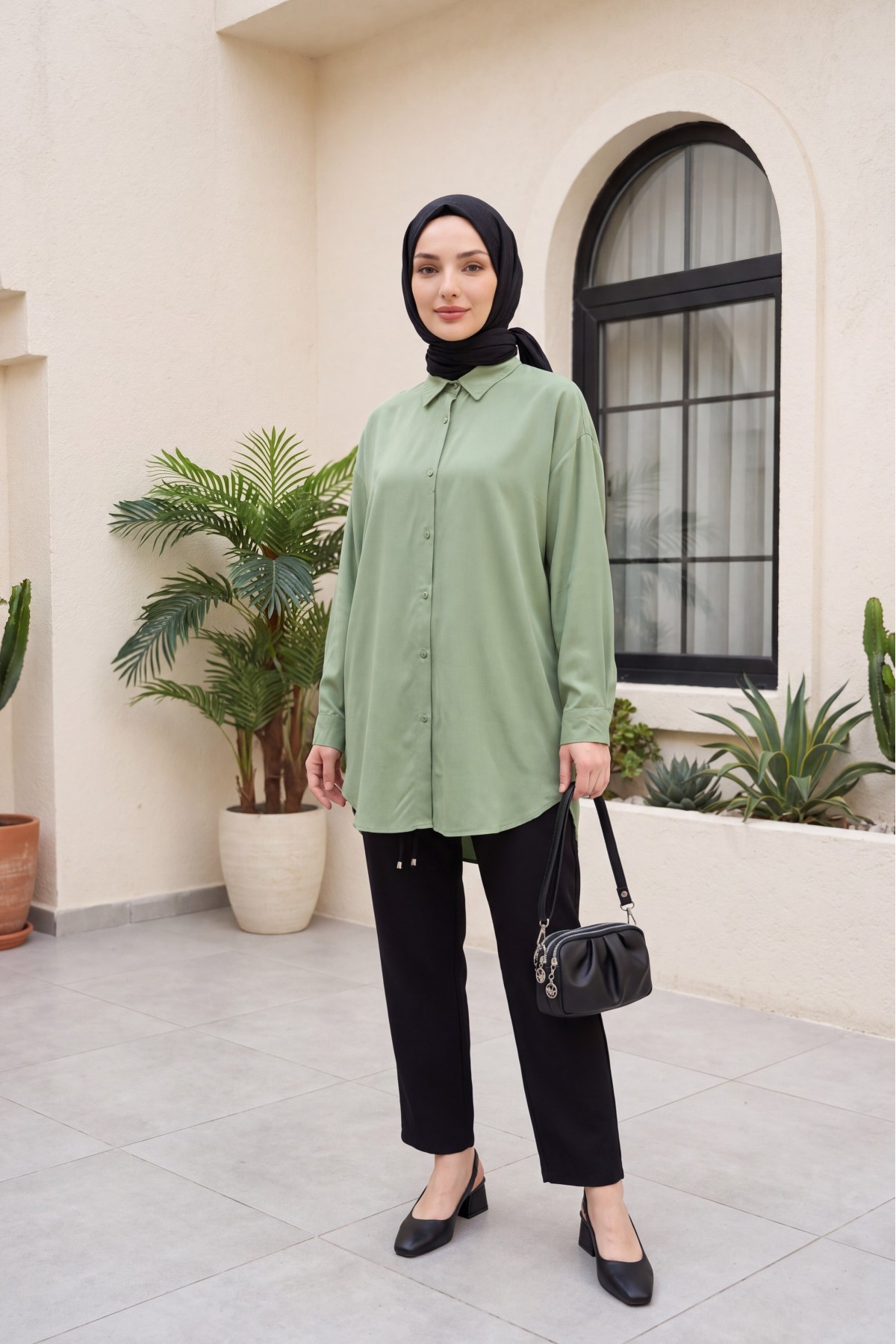 Buttoned Loose Fit Viscose Shirt -Green