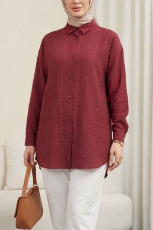Oval Kesim Düğmeli Gömlek -Bordo