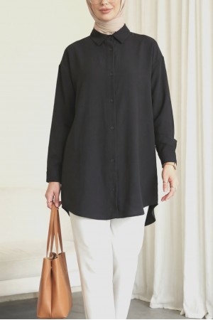 Oval Kesim Düğmeli Gömlek -Siyah