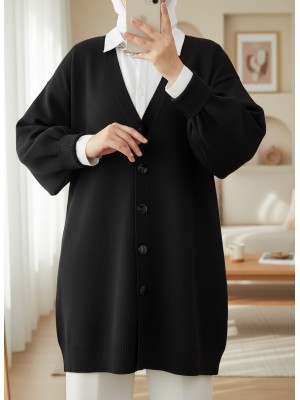 Düğmeli Kışlık Tesettür Triko Hırka -Siyah