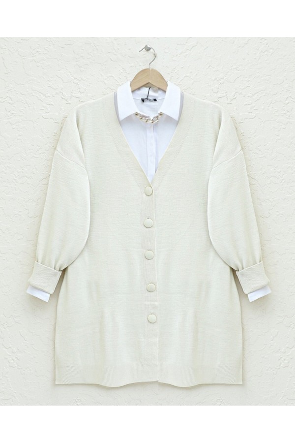 Buttoned Winter Hijab Knitwear Cardigan -Stone