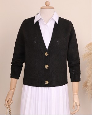 Openwork Buttoned Winter Cardigan -Black