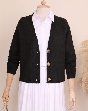 Openwork Buttoned Winter Cardigan -Black