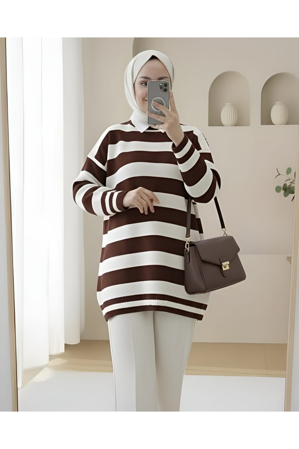 Side Striped Soft Winter Knitwear Tunic  -Brown