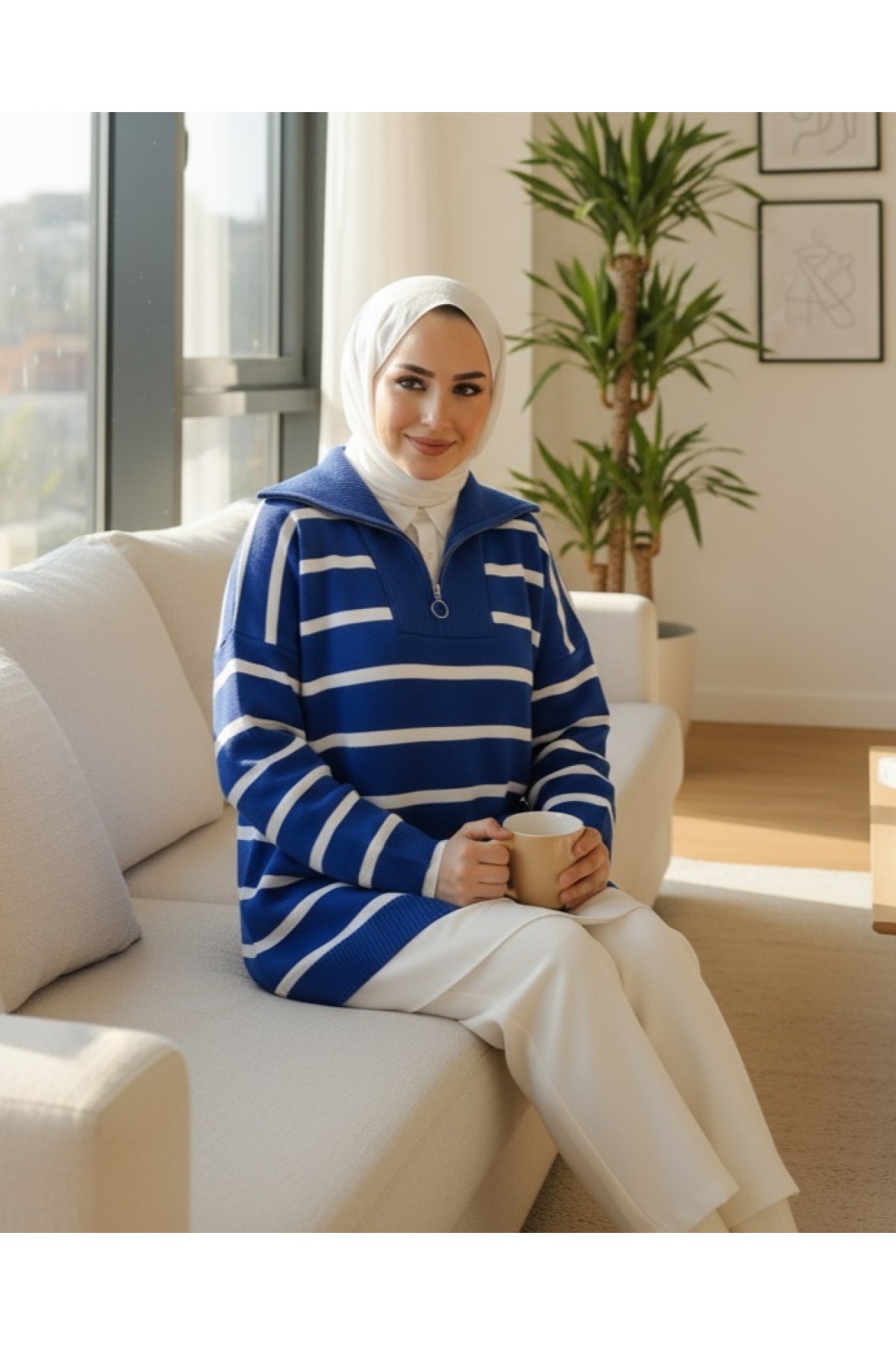 Half Neck Zippered Double Plate Knitwear Tunic  -Blue