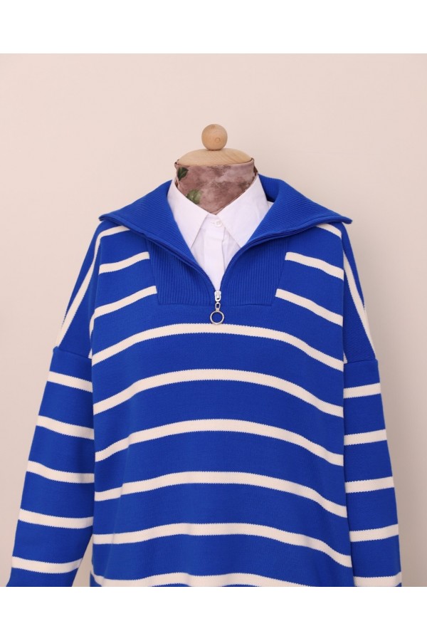 Half Neck Zippered Double Plate Knitwear Tunic  -Blue