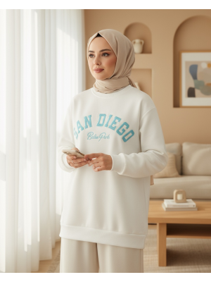 3 Thread Sweat with Text Embroidery -Ecru