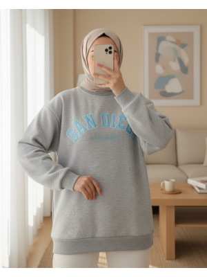 Yazı Nakışlı 3 İplik Sweat -Gri