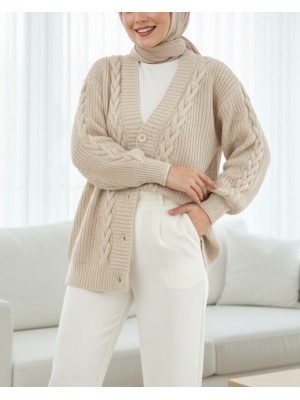 Örgü Zincir Detaylı Kışlık Hırka  -Taş