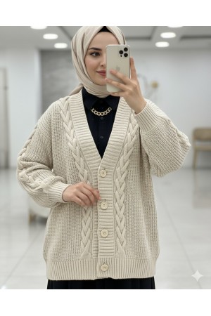 Örgü Zincir Detaylı Kışlık Hırka  -Taş