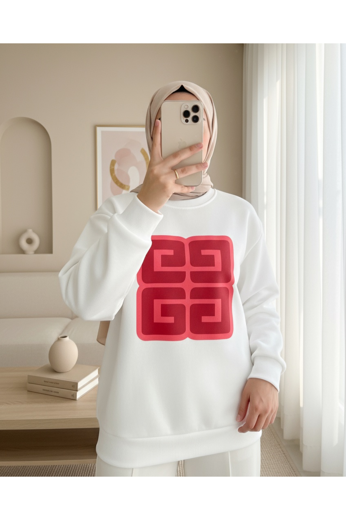Letter Printed Crew Neck Raised Sweat -White