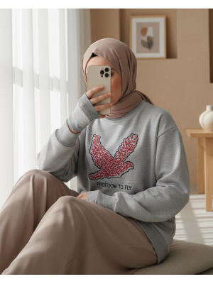 Kuş Baskılı Şardonlu Bisiklet Yaka Sweat -Gri