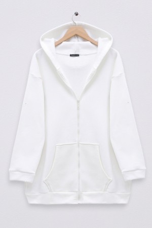 Fermuarlı Kapşonlu Cepli Polar Sweat -Beyaz