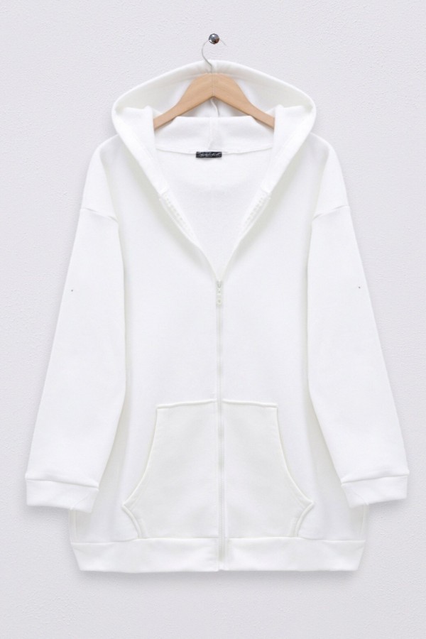 Fermuarlı Kapşonlu Cepli Polar Sweat -Beyaz