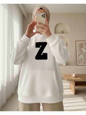 Kanguru Cepli Armalı Kapşonlu Polar Sweat -Beyaz