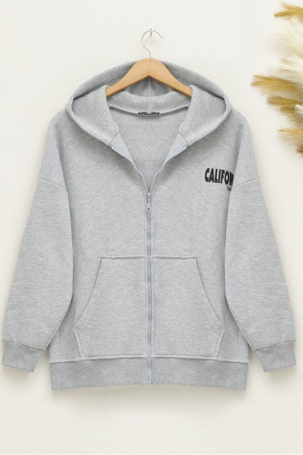 Hooded Back Printed Sweat Fleece -Grey