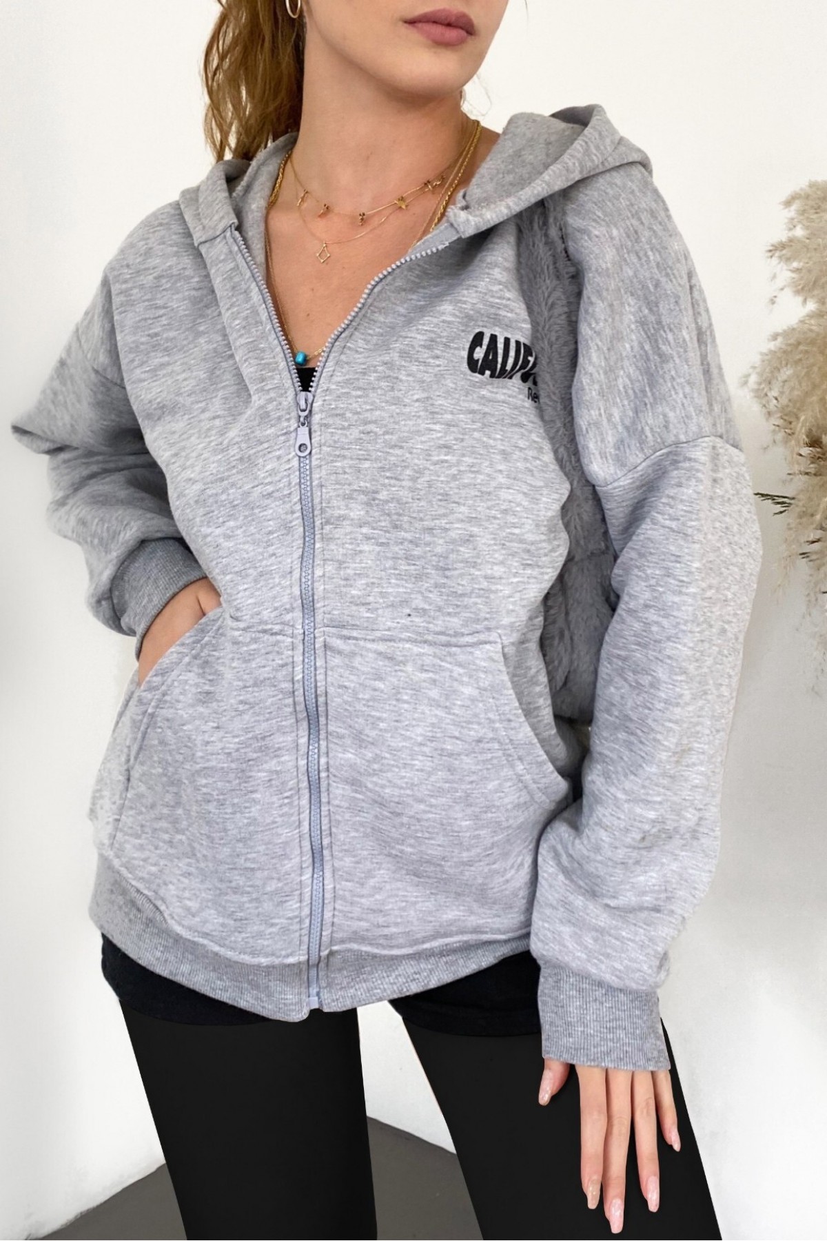 Hooded Back Printed Sweat Fleece -Grey