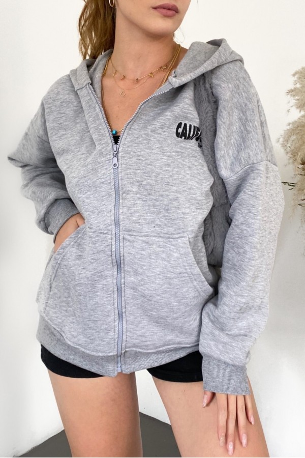 Hooded Back Printed Sweat Fleece -Grey