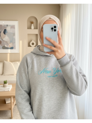 Önü Nakışlı Kapşonlu Sweat -Gri