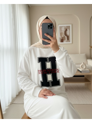 Front Embroidered Crew Neck Sweat Tunic -White