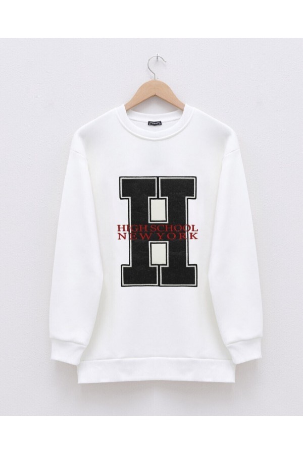 Front Embroidered Crew Neck Sweat Tunic -White