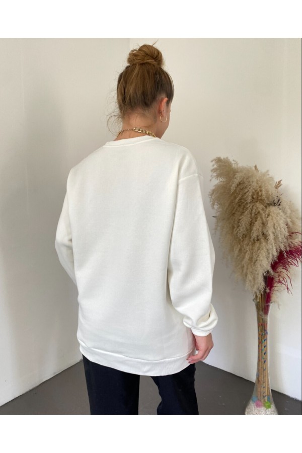 Front Embroidered Crew Neck Sweat Tunic -White