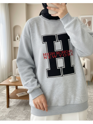 Önü Nakışlı Bisiklet Yaka Sweat Tunik -Gri