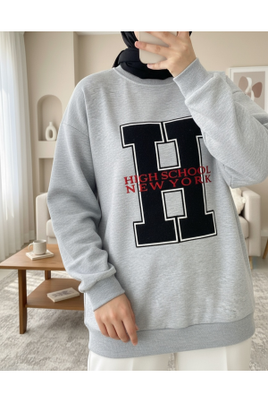 Önü Nakışlı Bisiklet Yaka Sweat Tunik -Gri