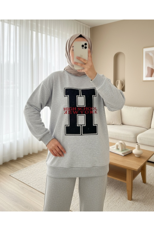 Önü Nakışlı Bisiklet Yaka Sweat Tunik -Gri