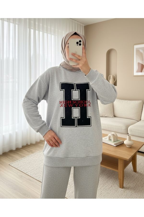 Front Embroidered Crew Neck Sweat Tunic -Grey