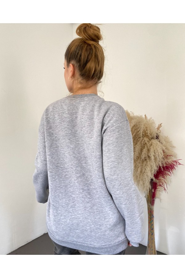 Front Embroidered Crew Neck Sweat Tunic -Grey
