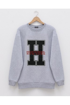 Önü Nakışlı Bisiklet Yaka Sweat Tunik -Gri
