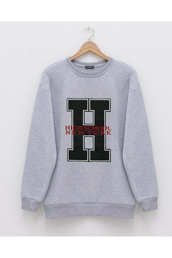 Front Embroidered Crew Neck Sweat Tunic -Grey
