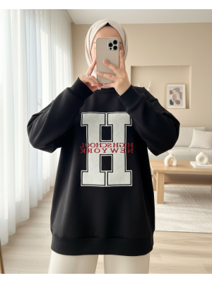 Front Embroidered Crew Neck Sweat Tunic -Black