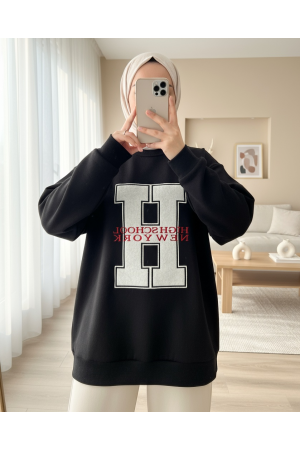 Önü Nakışlı Bisiklet Yaka Sweat Tunik -Siyah