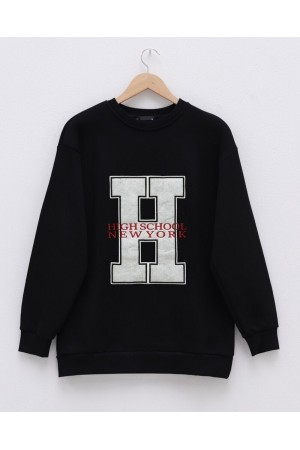 Önü Nakışlı Bisiklet Yaka Sweat Tunik -Siyah