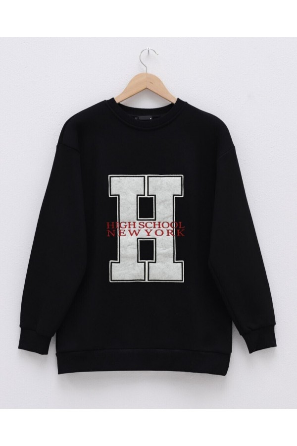 Front Embroidered Crew Neck Sweat Tunic -Black