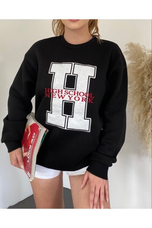 Önü Nakışlı Bisiklet Yaka Sweat Tunik -Siyah