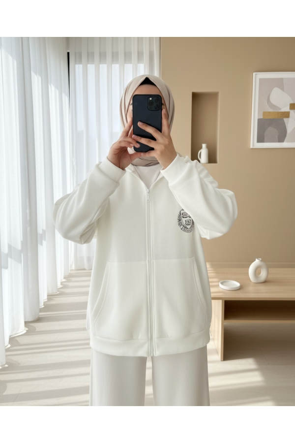Elastic Skirt Hooded Written Sweat -White
