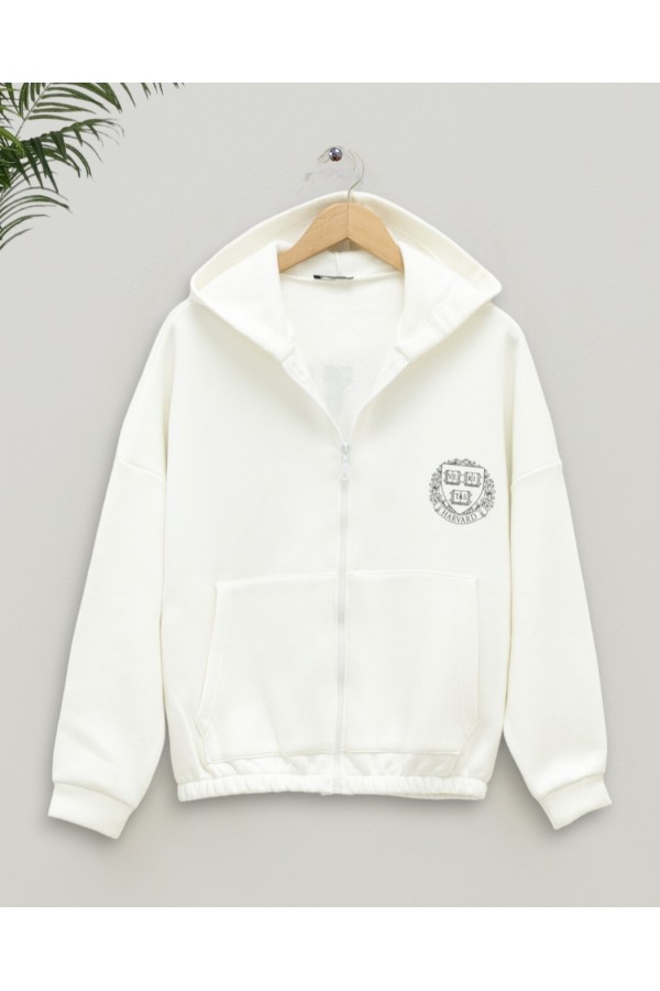 Elastic Skirt Hooded Written Sweat -White