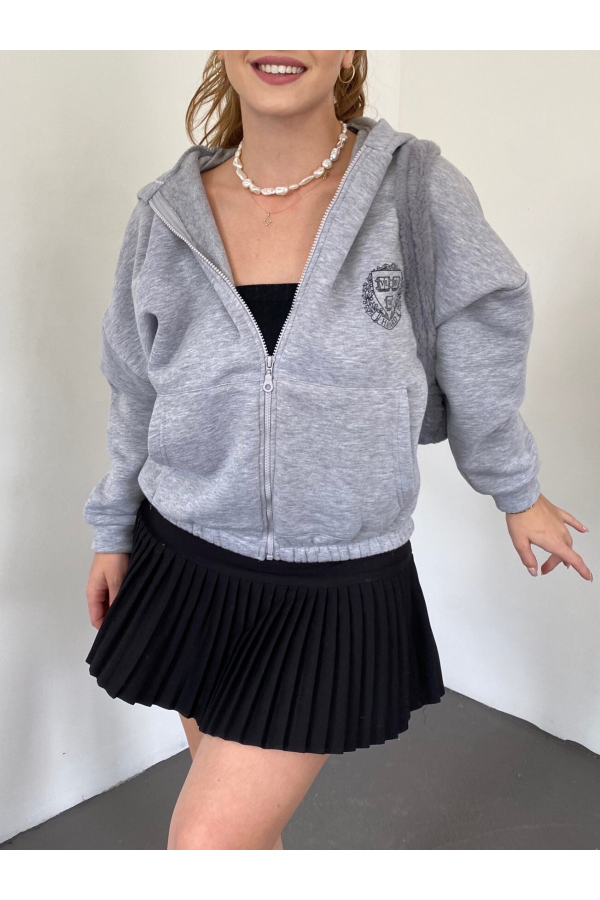 Elastic Skirt Hooded Written Sweat -Grey