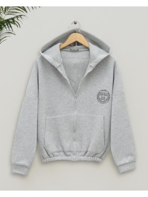 Eteği Lastikli Kapşonlu Yazılı Sweat -Gri