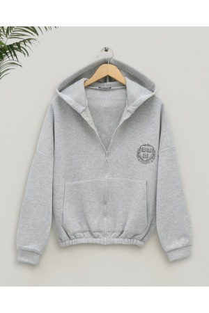 Eteği Lastikli Kapşonlu Yazılı Sweat -Gri