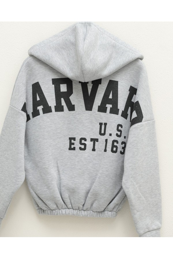 Elastic Skirt Hooded Written Sweat -Grey